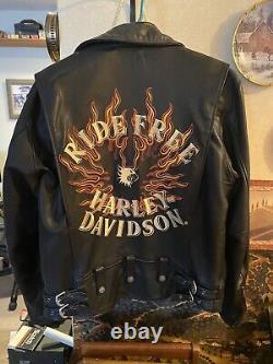 Harley Davidson Embroidered Flames & Ride Free Leather Jacket Size M