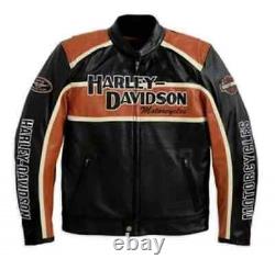 Harley Davidson Men Orange Motorcycle 100% genuine Leather Biker Safety Jacket