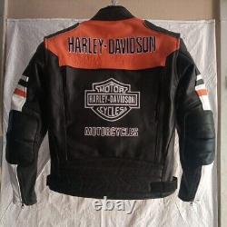 Harley Davidson Men's Biker Black & Orange Leather Jacket Motorcycle Jacket