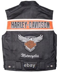 Harley Davidson Men's Genuine Motorcycle Black 100% Leather Biker Vest