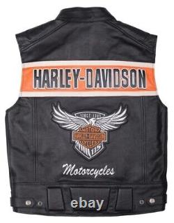 Harley Davidson Men's Genuine Motorcycle Motorbike Black Leather Biker Vest