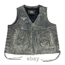 Harley Davidson Motorcycle Black Distressed Leather Vest Size Large