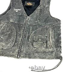 Harley Davidson Motorcycle Black Distressed Leather Vest Size Large