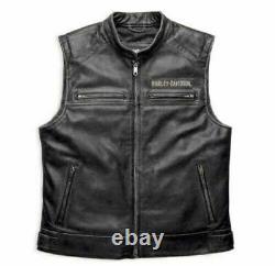 Harley Davidson Motorcycle Men's Genuine Leather Black Biker Vest Jacket
