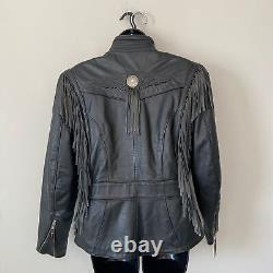 Harley Davidson Motorcycle Vintage Black Leather Fringe Jacket Size Small