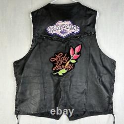 Leather Motorcycle Vest Women's 1x HOG Harley Davidson Pins & Patches Vintage