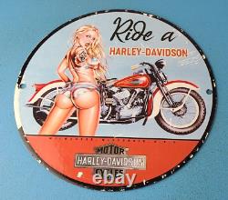 Vintage Harley Davidson Motorcycle Porcelain Pistol Girl Gas Pump Plate Sign